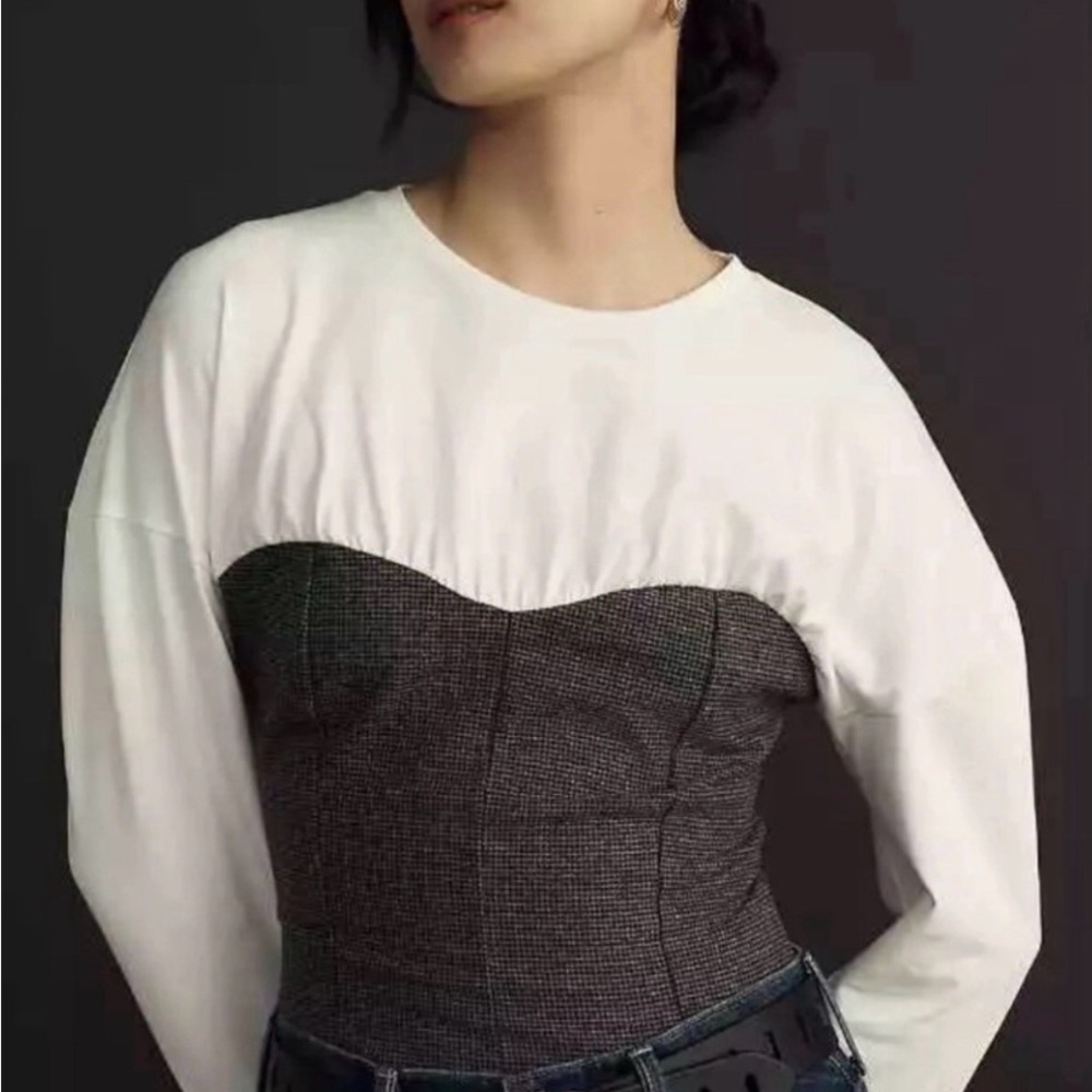 Maeve White Pullover with Charcoal Bustier Overlay
